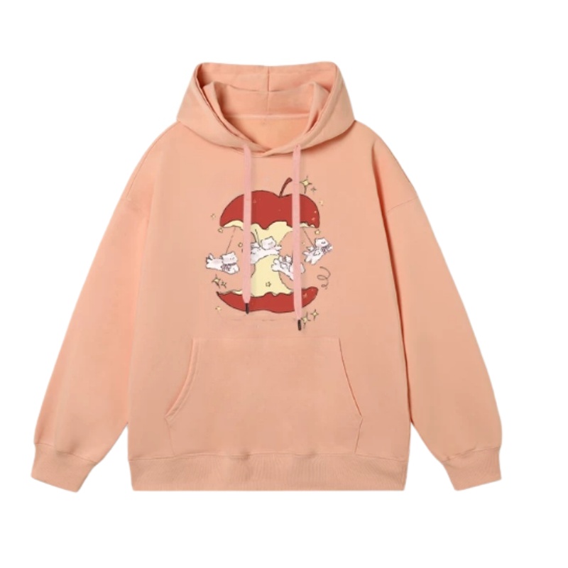 Creative Apple-Print Hoodie — Light Pink